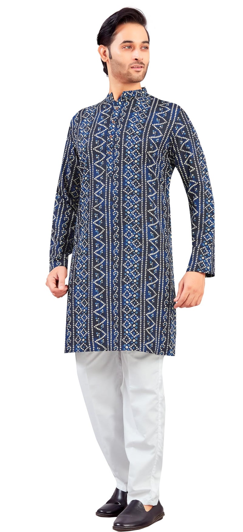 Studio Shringaar Men Polyester Relaxed fit Bandhni Print Knee Length Relax Fit Kurta (Navy Blue,2XL) - Image 3