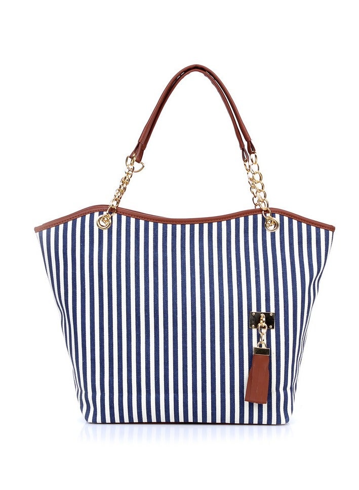Women Lady Shopping Handbag Navy Blue Stripes Tassel Shoulder Canvas Tote Bag - Image 1