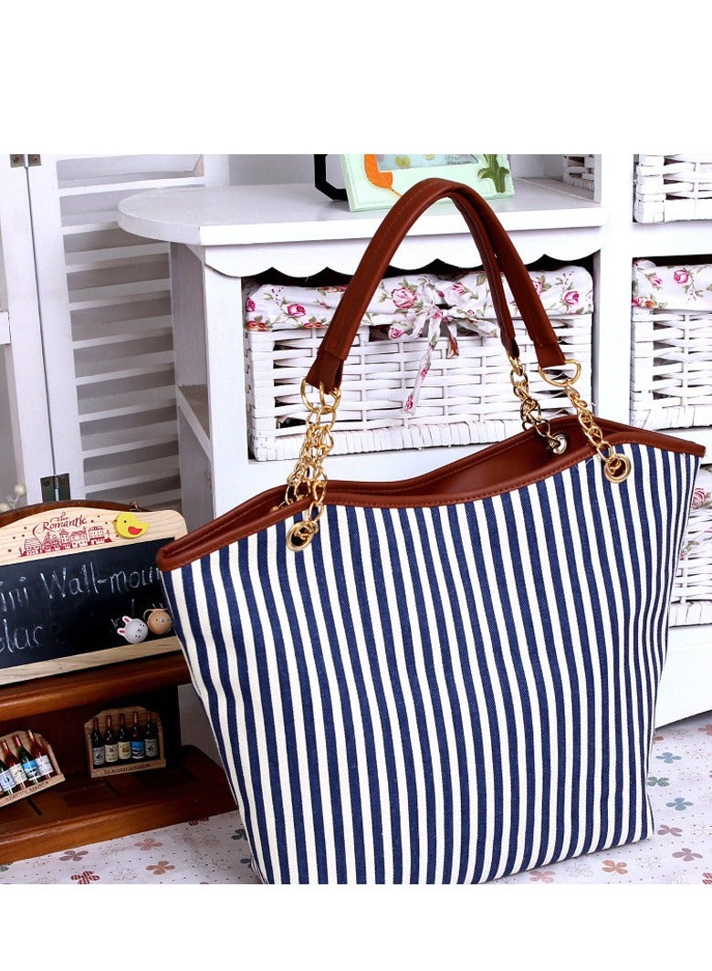 Women Lady Shopping Handbag Navy Blue Stripes Tassel Shoulder Canvas Tote Bag - Image 2