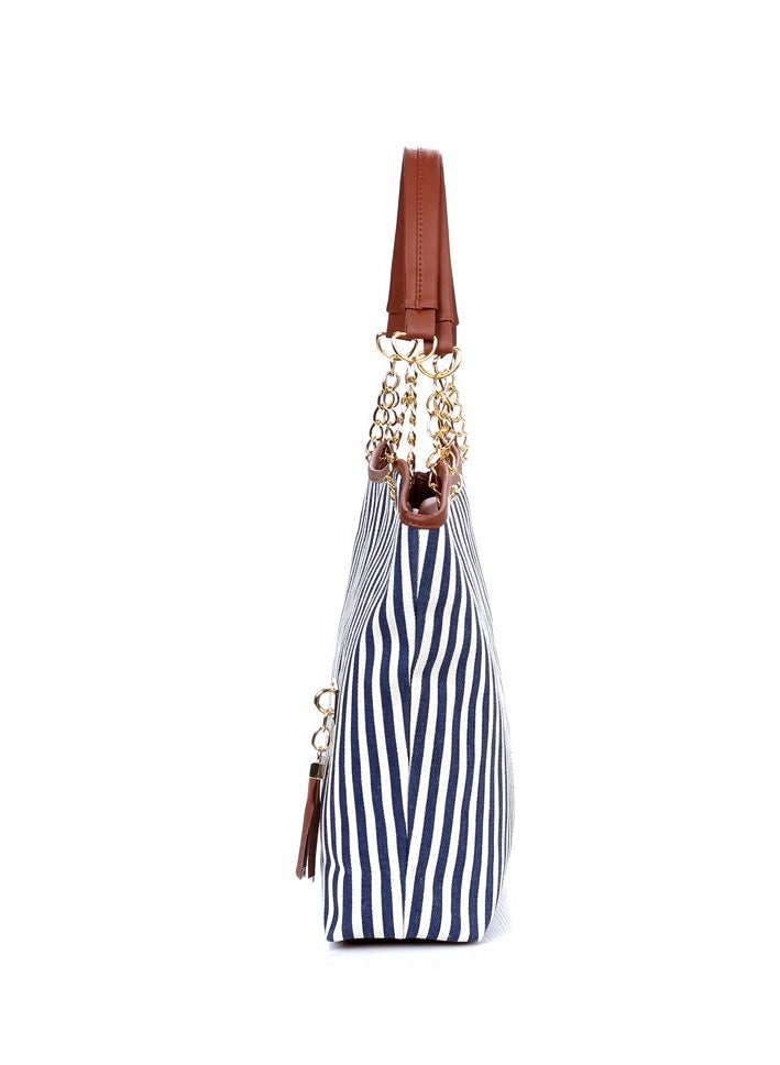 Women Lady Shopping Handbag Navy Blue Stripes Tassel Shoulder Canvas Tote Bag - Image 3