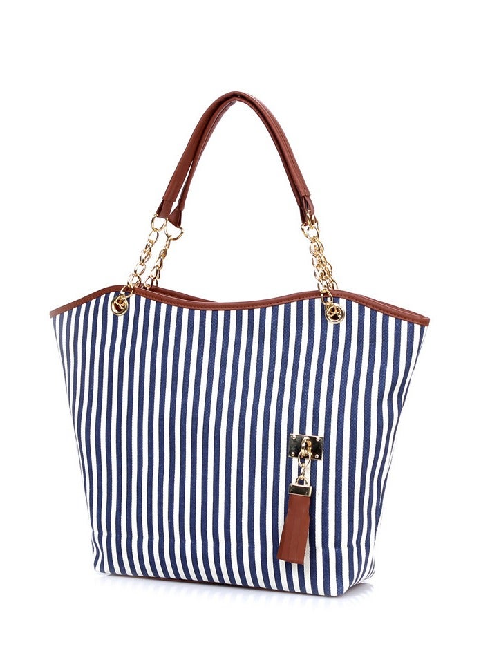 Women Lady Shopping Handbag Navy Blue Stripes Tassel Shoulder Canvas Tote Bag - Image 4