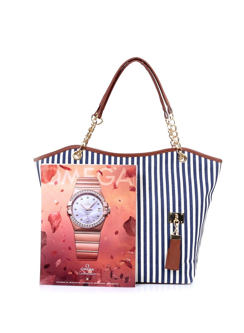Women Lady Shopping Handbag Navy Blue Stripes Tassel Shoulder Canvas Tote Bag - Image 5