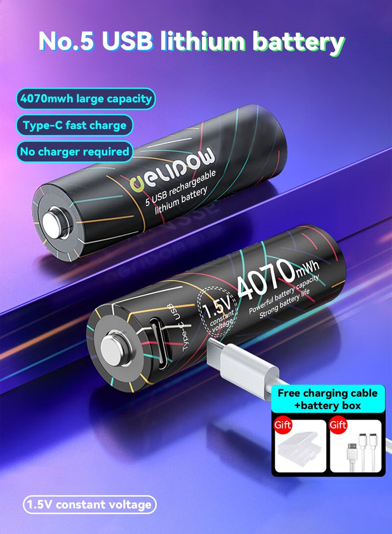 Delipow بطارية AA قابلة للشحن، بطارية ليثيوم رقم 5، 4070 مللي واط ساعة، سعة كبيرة 1.5 فولت جهد ثابت، مع كابل شحن سريع من نوع C، مناسبة لمراقبات ضغط الدم، الأقفال الإلكترونية، الفئوس، أجهزة التحكم في الألعاب، إلخ (بطارية واحدة) - Image 1