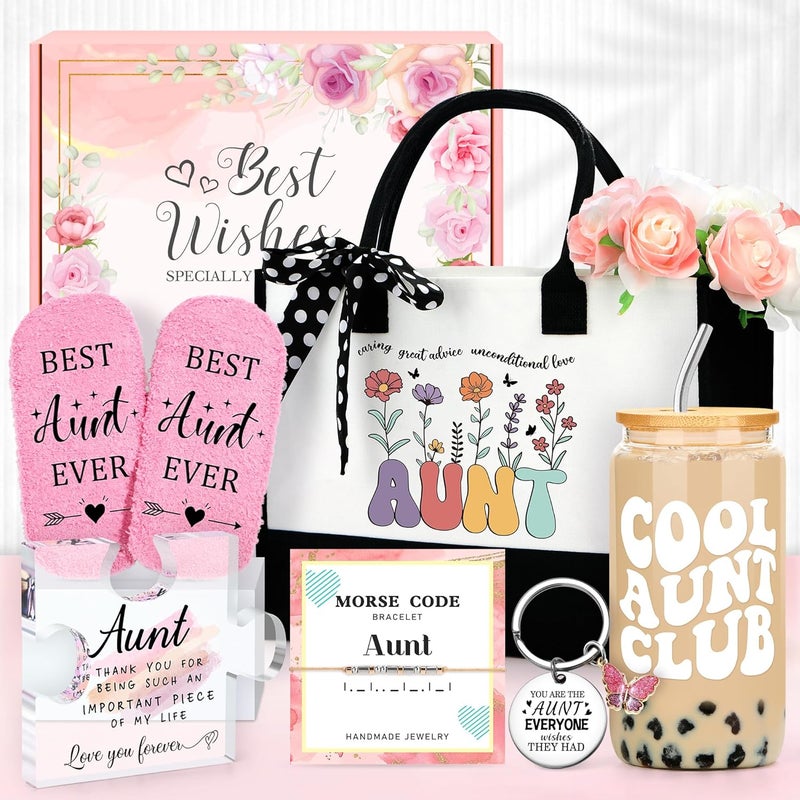 Saineron Aunt Gifts for Women Best Auntie Gift Ideas Cool Aunt Birthday Gifts for Aunts from Niece Auntie Birthday Gift Presents for Aunts Bracelet Keychain Cup Socks Tote Bag Acrylic Puzzle - Image 1