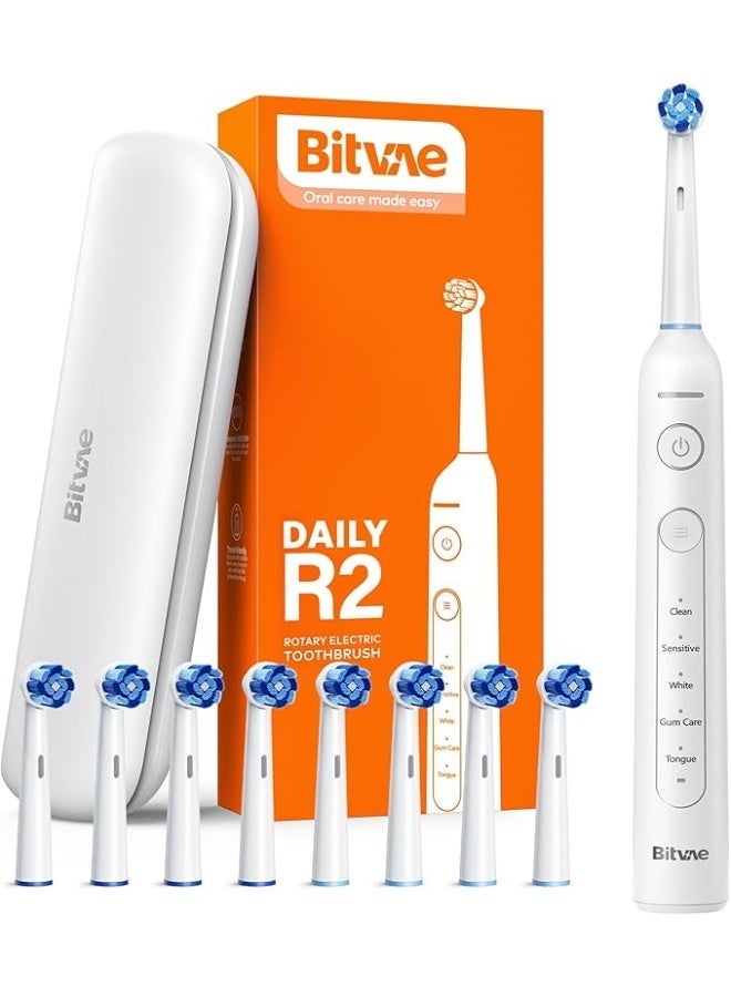 Bitvae R2 Rotating Electric Toothbrush for Adults with 8 Brush Heads, 5 Modes Rechargeable Power Toothbrush with Pressure Sensor, White - Image 1
