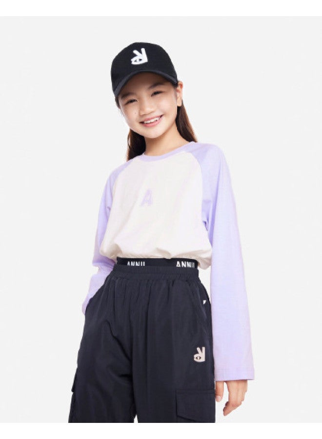 Annil Kids' Round Neck Long Sleeve 100% Cotton T-shirt 2025 Spring New Raglan Sleeve Color Block Design - Image 1