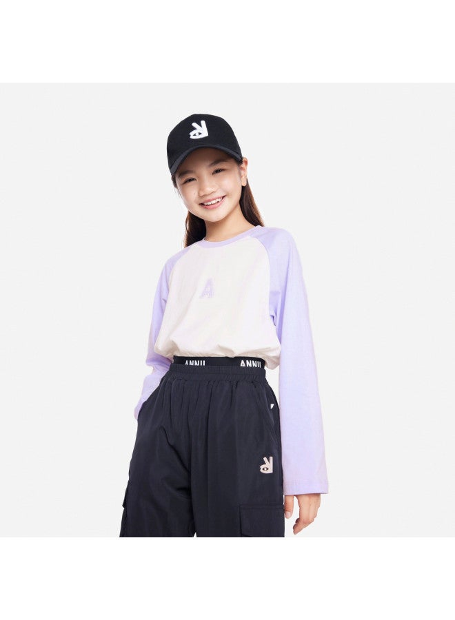 Annil Kids' Round Neck Long Sleeve 100% Cotton T-shirt 2025 Spring New Raglan Sleeve Color Block Design - Image 2