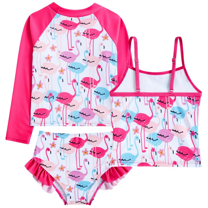 Funnycokid Little Girl Swimsuit Size 5 6 Long Sleeve 3 Pieces Rash Guard Tankini Bathing Suit Cute Flamingo Swimwear Ruffle UPF50+ Kids Bikini - Image 2