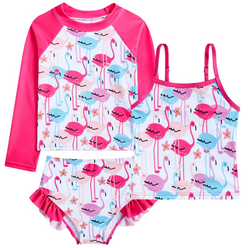 Funnycokid Little Girl Swimsuit Size 5 6 Long Sleeve 3 Pieces Rash Guard Tankini Bathing Suit Cute Flamingo Swimwear Ruffle UPF50+ Kids Bikini - Image 1