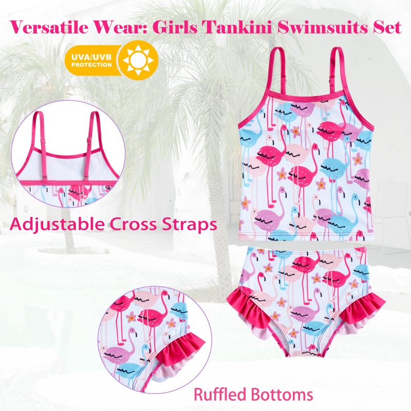 Funnycokid Little Girl Swimsuit Size 5 6 Long Sleeve 3 Pieces Rash Guard Tankini Bathing Suit Cute Flamingo Swimwear Ruffle UPF50+ Kids Bikini - Image 4