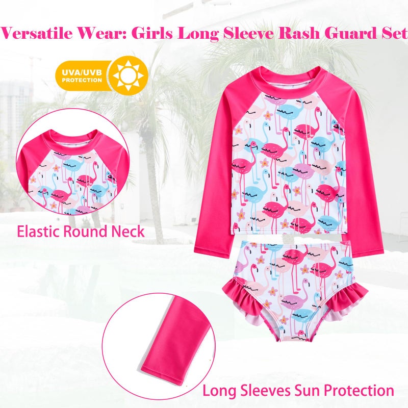 Funnycokid Little Girl Swimsuit Size 5 6 Long Sleeve 3 Pieces Rash Guard Tankini Bathing Suit Cute Flamingo Swimwear Ruffle UPF50+ Kids Bikini - Image 3