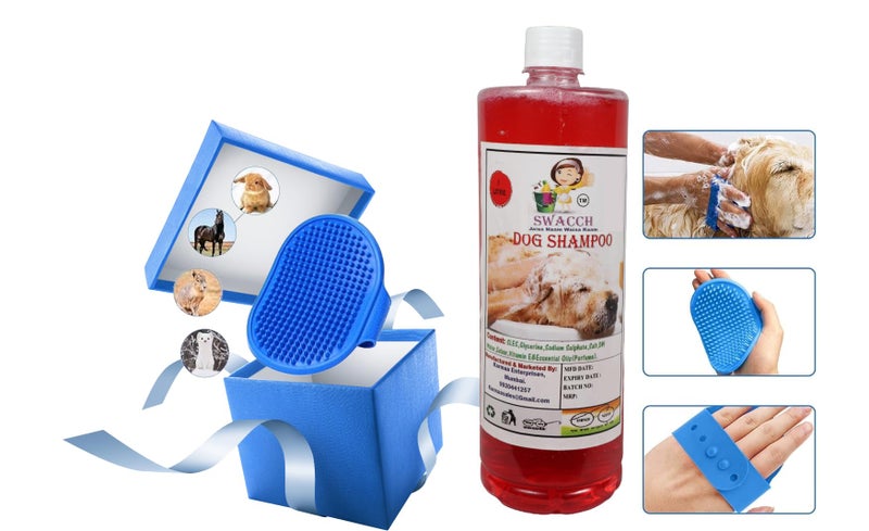 swacch Shampoo | Puppy Safe Shampoo | PH Balanced | Dog Shampoo 1 Litre Jasmine + | Rubber Bath Brush with Adjustable Straps | Pet Massage | Soothing Bristles Hand Brush I Combo Pack - Image 2