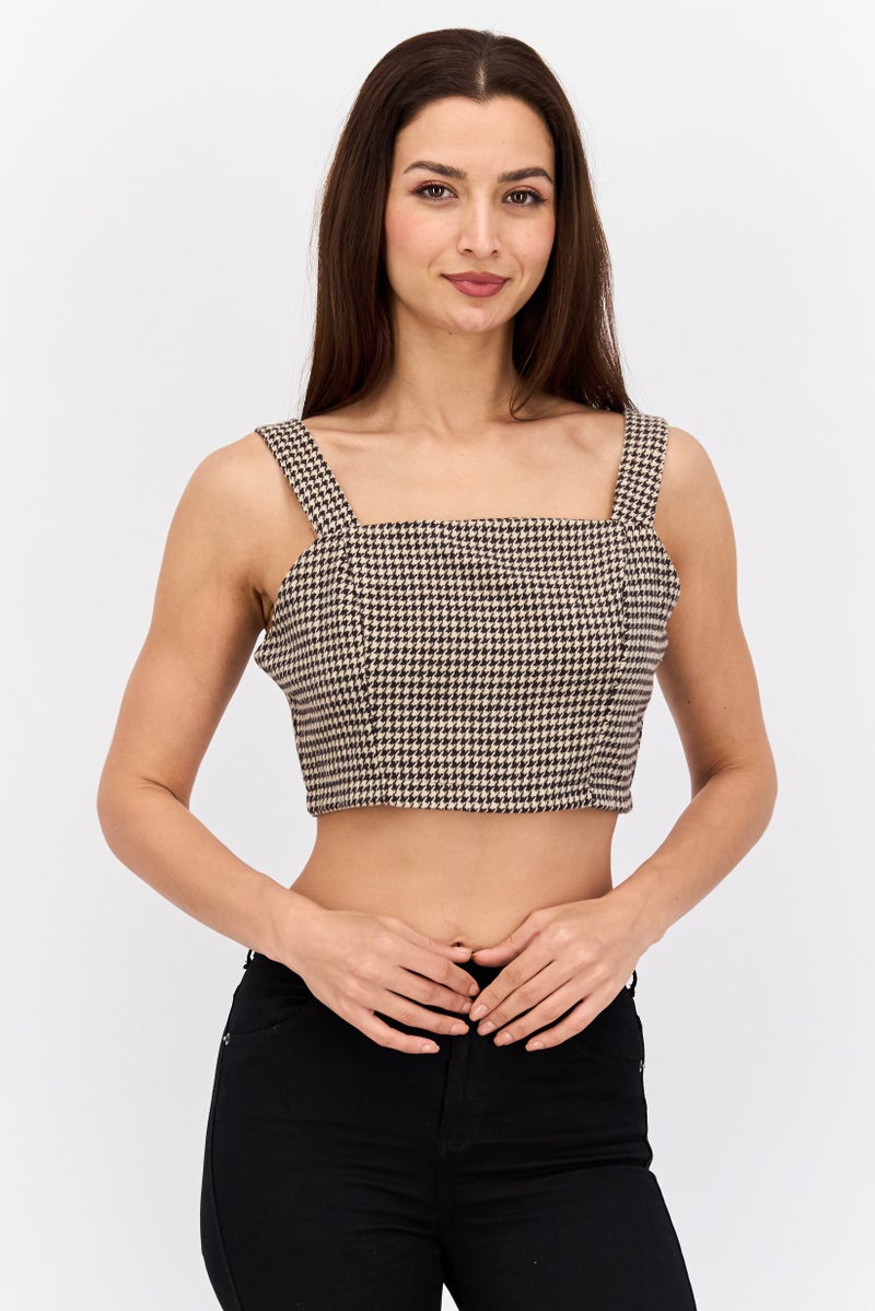 In the style Women Square Neck Sleeveless Houndstooth Crop Top,  Beige - Image 1
