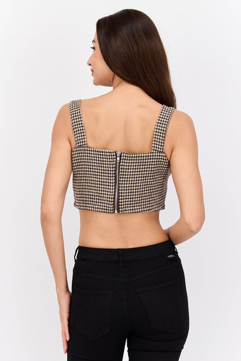 In the style Women Square Neck Sleeveless Houndstooth Crop Top,  Beige - Image 3