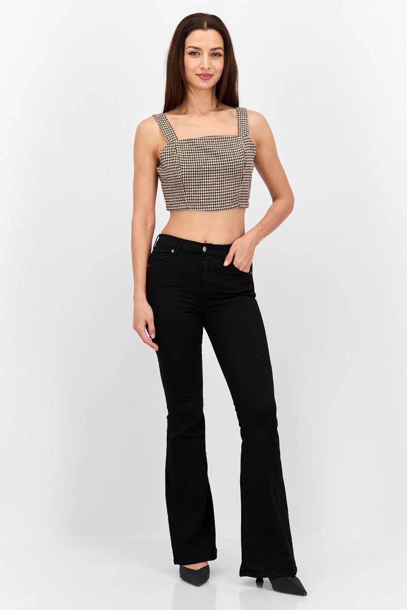 In the style Women Square Neck Sleeveless Houndstooth Crop Top,  Beige - Image 4