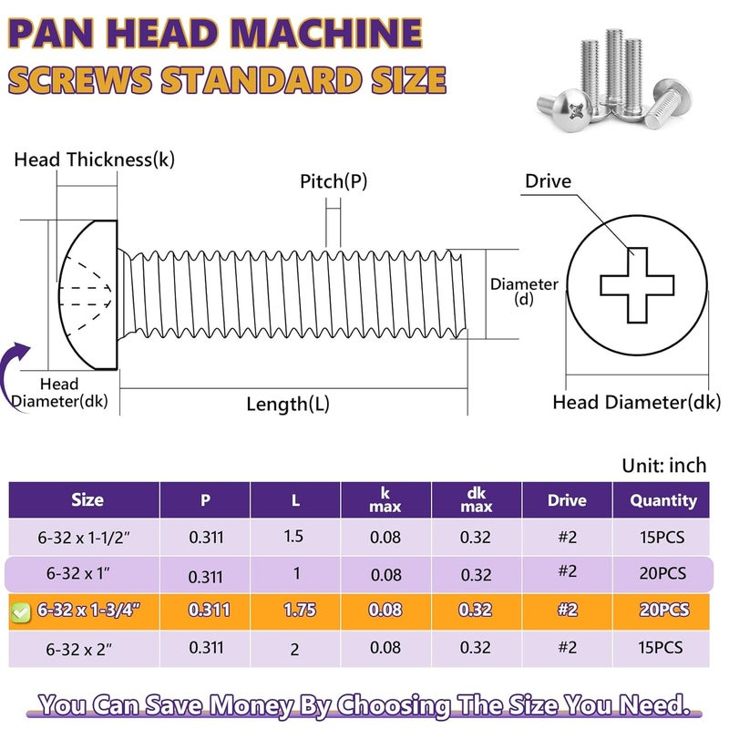 ZerDans 6-32 x 1-3/4" Machine Screws, 20 PCS Phillips Pan Head Electrical Outlet Machine Screws 304 Stainless Steel, Wall Plate Receptacles Mounting for Switch Plate, Cabinet Door and Drawer - Image 5