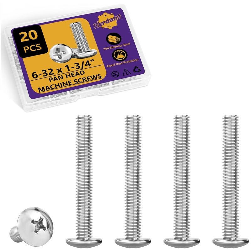 ZerDans 6-32 x 1-3/4" Machine Screws, 20 PCS Phillips Pan Head Electrical Outlet Machine Screws 304 Stainless Steel, Wall Plate Receptacles Mounting for Switch Plate, Cabinet Door and Drawer - Image 1