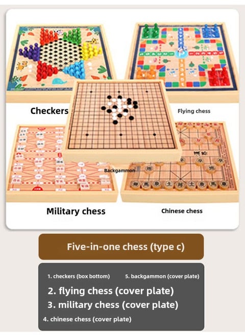 Children's Flying Chess Checkers Multi-functional One Chessboard Gobang Go Cards Colosseum Chess Combination Educational Toys-Color:Five In One C  30x30cm