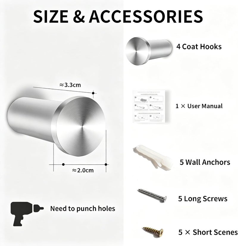 4 Pack Stainless Steel Wall Hooks Heavy Duty Coat Hooks for Bathroom Bedroom Kitchen - Image 5