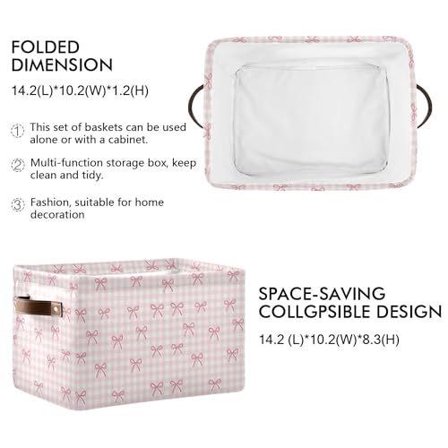 Wamika Pink Cherry Bow Storage Basket with Waterproof Liner and PU Handles Coquette Bowknot Storage Bins Boxes 142 Collapsible Decorative Organizer Baskets for Bedroom Closet Office 1 Pack - Image 3