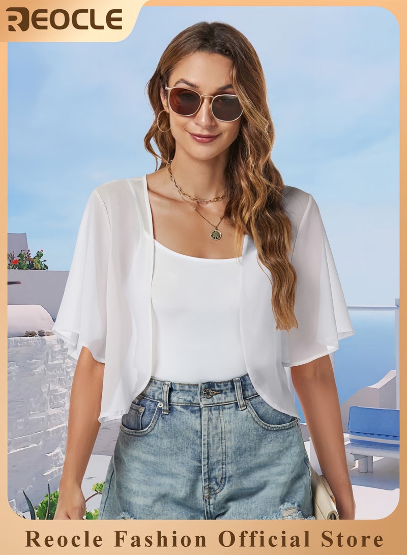 REOCLE Women Shrug Chiffon Cardigans Open Front Short Sleeve Bolero for Evening Dressy - Image 1