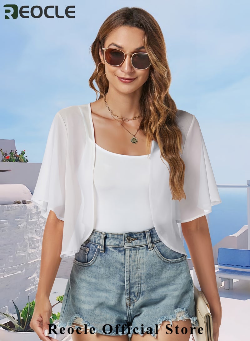 REOCLE Women Shrug Chiffon Cardigans Open Front Short Sleeve Bolero for Evening Dressy - Image 2