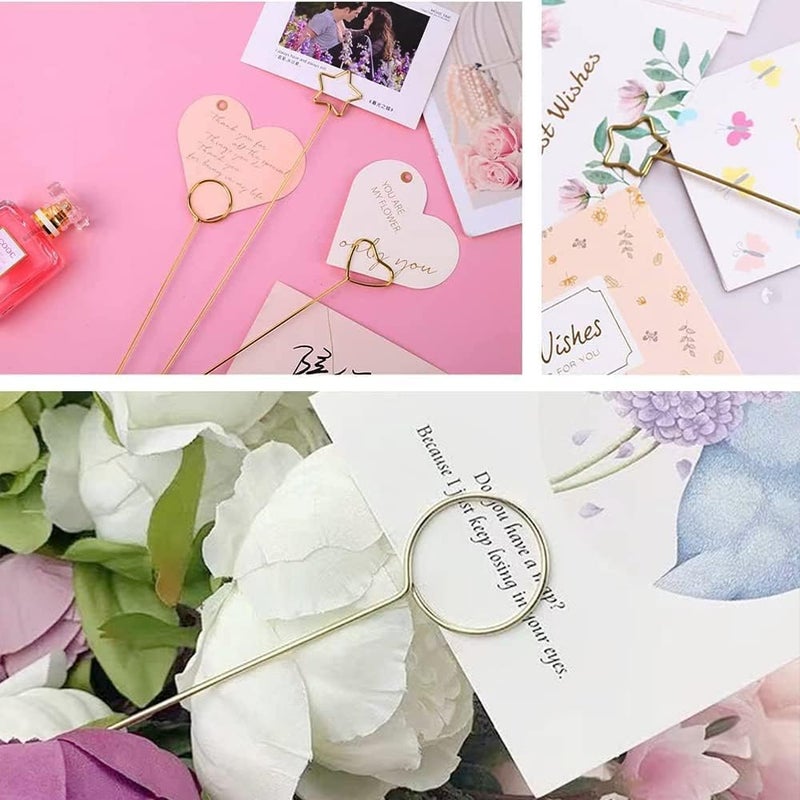 H&W 12''L Golden Ring Loop Star Shape Card Holders 40PCS Floral Picks Clips for Wedding & Flower Arrangements, DIY Craft Wire Clip Table Card Holders Note Photo Picture Memo Holder Cake Topper (Star) - Image 4