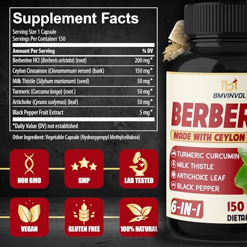 BMVINVOL 2 Pack Berberine HCl- Plus Ceylon Cinnamon, Turmeric, Milk Thistle, Artichoke, Black Pepper, Berberine HCI Root Supplements Pills - Immune System - Image 2