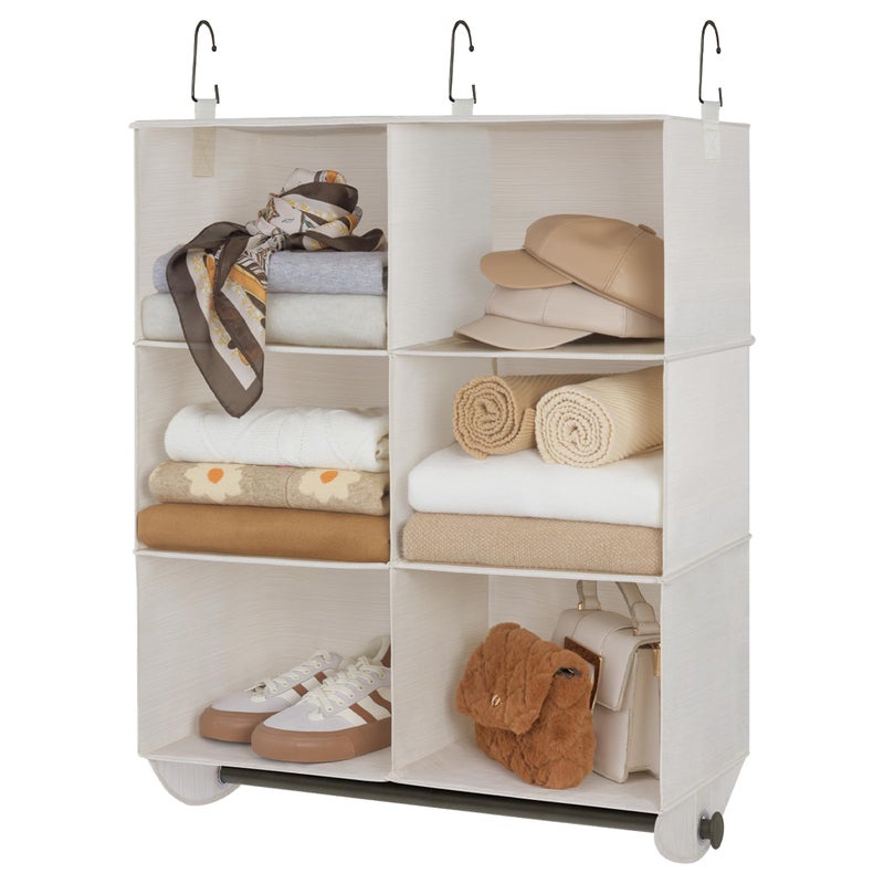 StorageWorks Hanging Closet Organizer with Metal Rod 6Section Closet Organizers and Storage Collapsible Hanging Shelves for Baby Clothes Shoes Sweater Storage Ivory and White