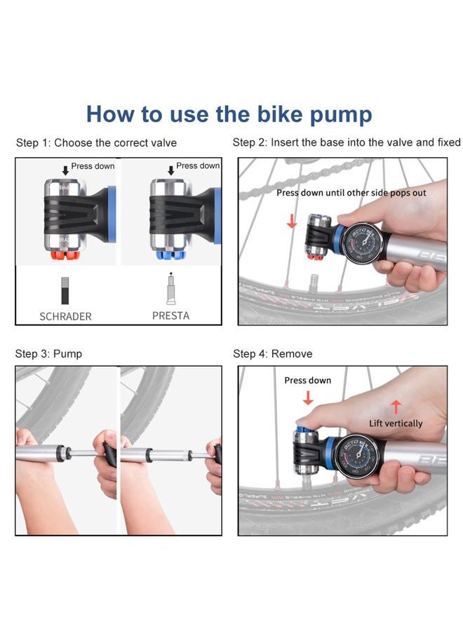 CXWXC Mini Bike Pump with Gauge - Portable Frame Pump with EZ-Head Fits Schrader/Presta, Foldable T-Handle - Road Mountain MTB BMX Bike Pump (Style:B) - Image 5
