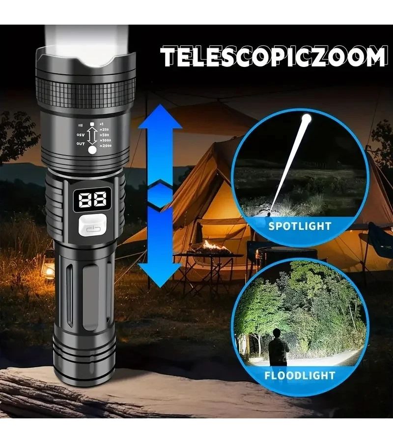 1 قطعة مصباح يدوي LED تكتيكي فائق السطوع قابل لإعادة الشحن، لون أسود، 3 أوضاع إضاءة، شاشة رقمية، متين للتخييم والصيد والتنزه في الهواء الطلق - Image 5
