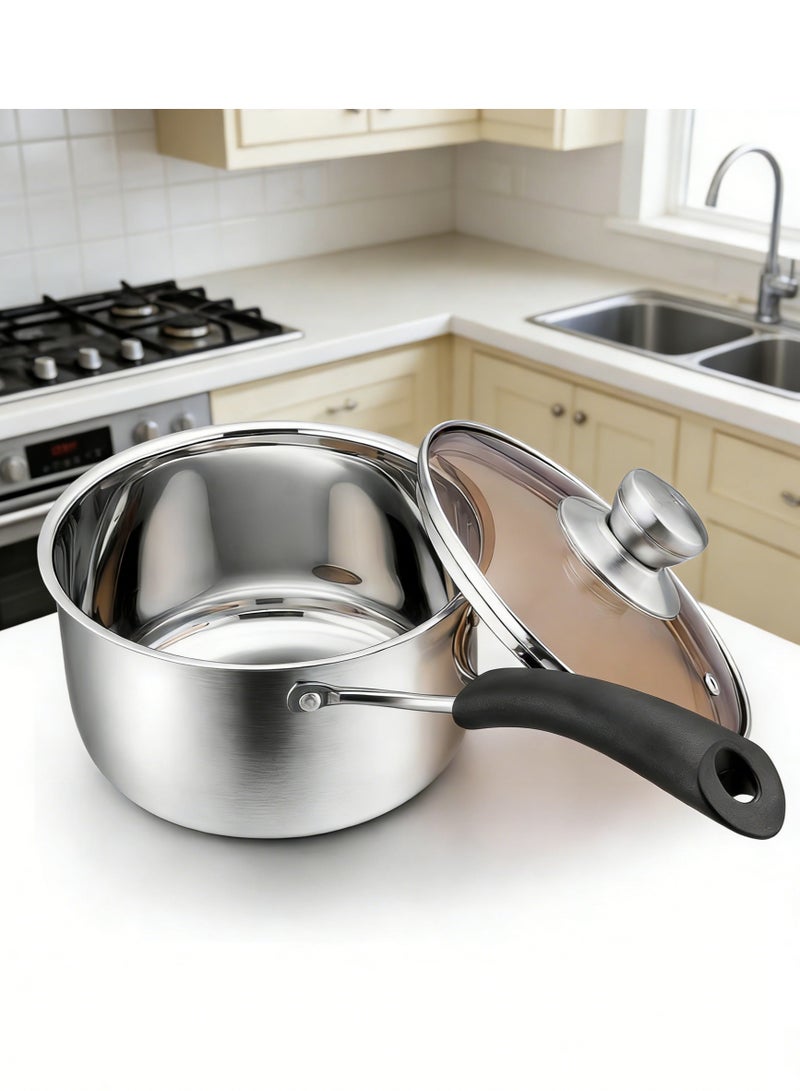 هاي هونور الفولاذ المقاوم للصدأ وعاء من الحليب مع غطاء ، وعاء الطبخ الصلصة ، والمتخصصة في المطبخ المنزلي ومطعم مع مقبض طويل المقاوم للحرارة ، غير سامة وصحية ، متعددة الأغراض ، غسالة صحون آمنة ( 16cm ) - Image 1