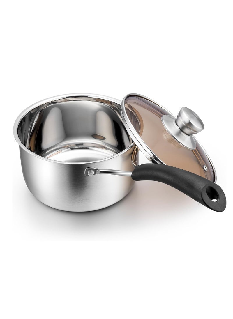 Hihonor Saucepan with Lid, Sauce Cooking Pot Milk Pan Stainless Steel, Professional with Long Heatproof Handle for Home Kitchen Restaurant, Healthy & Non Toxic, Multi-use, Dishwasher Safe (16cm)  - Image 1