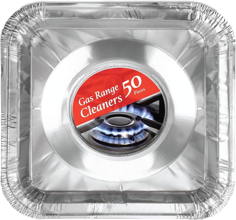 Spare Essentials Disposable Gas Burner Liners 50 Pack, Aluminum Foil Square Stove Covers, Range Protectors, Stove Top Foil Covers for Gas Burners, Catch Food Spills, Aluminum Stove Burner Cover, Foil Liner 8.5x8.5 In - Image 1
