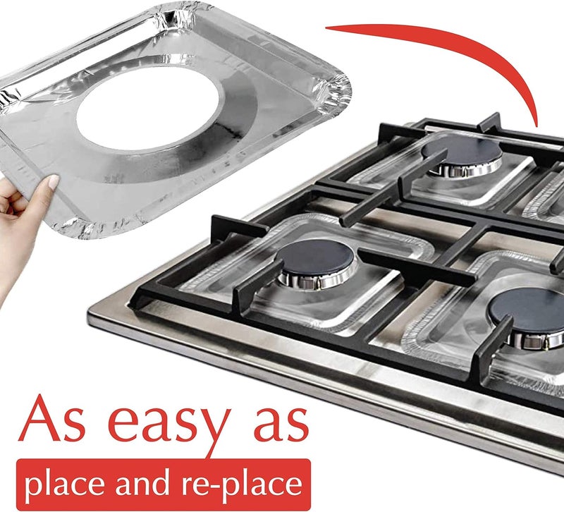 Spare Essentials Disposable Gas Burner Liners 50 Pack, Aluminum Foil Square Stove Covers, Range Protectors, Stove Top Foil Covers for Gas Burners, Catch Food Spills, Aluminum Stove Burner Cover, Foil Liner 8.5x8.5 In - Image 3