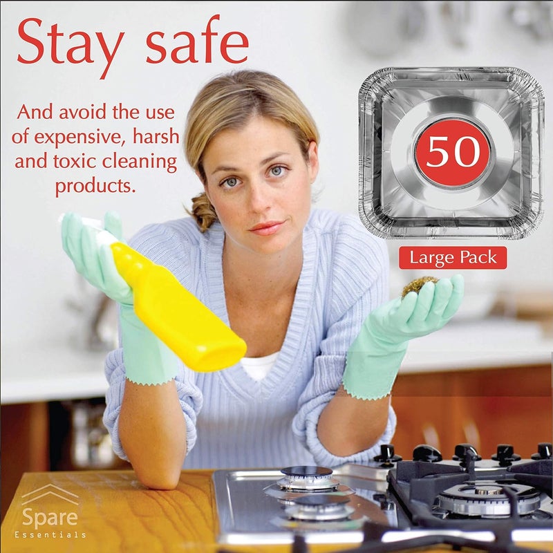 Spare Essentials Disposable Gas Burner Liners 50 Pack, Aluminum Foil Square Stove Covers, Range Protectors, Stove Top Foil Covers for Gas Burners, Catch Food Spills, Aluminum Stove Burner Cover, Foil Liner 8.5x8.5 In - Image 2