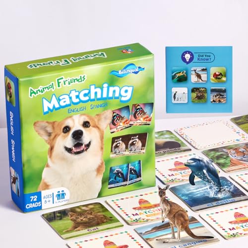 EDUMAETRIX 72 36 Pairs Spanish English Bilingual Animal Memory Matching Game with Reusable Custiomizable CardsInstruction Language Learning Games for ESL and Language Immersion for Teens - Image 1
