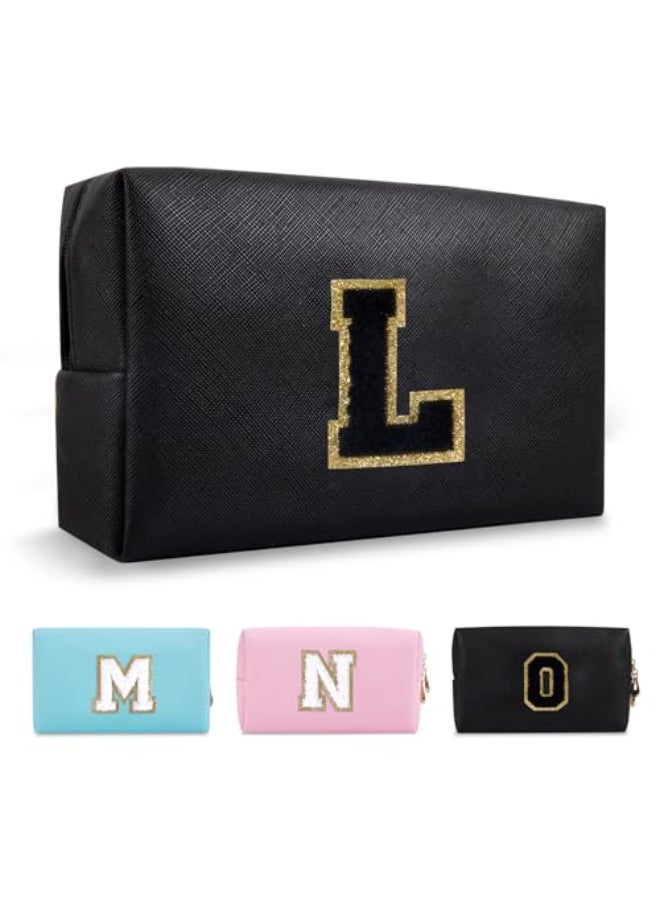ChaoGreat Personalized Initial AZ Preppy Patch Makeup BagSmall PU Chenille Letter Cosmetic Bag with Zipper for Teen GirlsBlack Cute Toiletry Organizer BagMonogram Makeup Case Gift for Women GirlsLetter L - Image 1