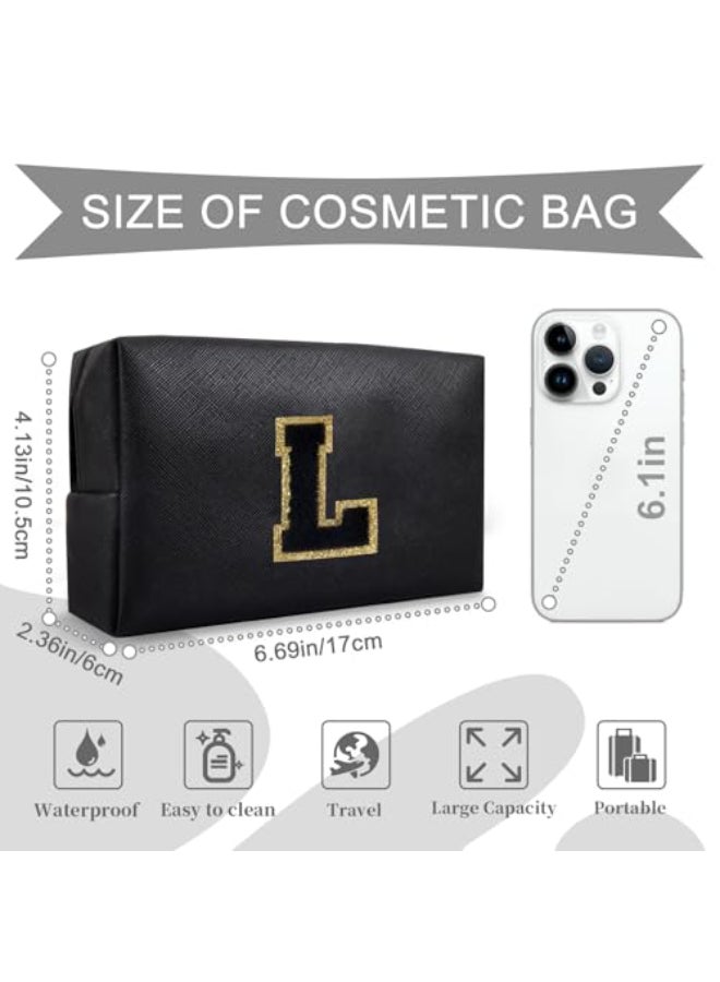 ChaoGreat Personalized Initial AZ Preppy Patch Makeup BagSmall PU Chenille Letter Cosmetic Bag with Zipper for Teen GirlsBlack Cute Toiletry Organizer BagMonogram Makeup Case Gift for Women GirlsLetter L - Image 3
