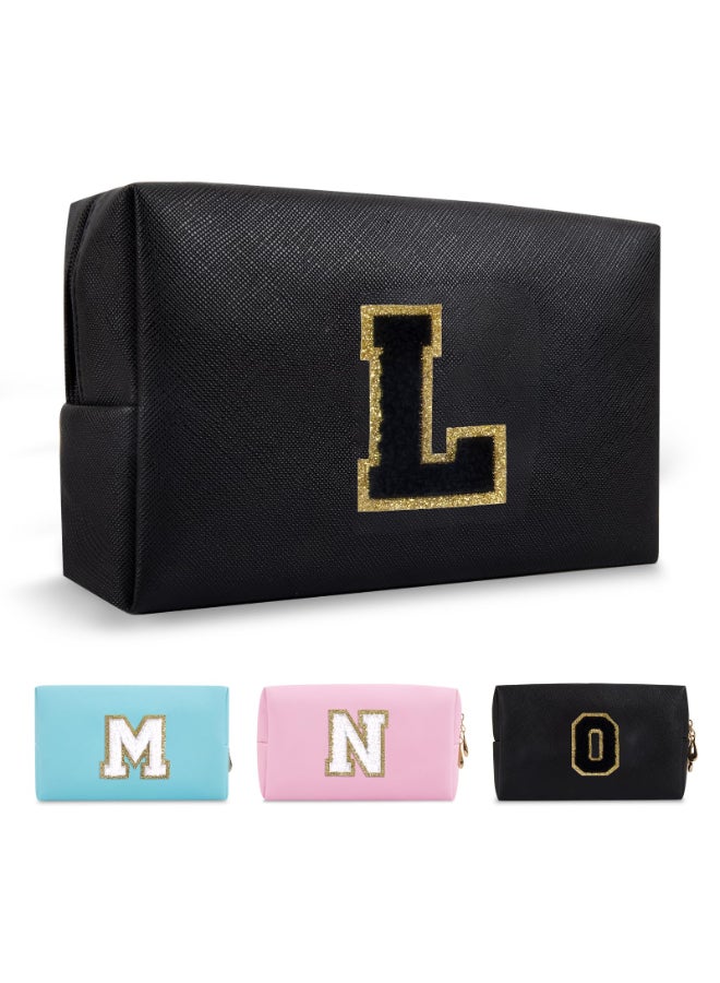 ChaoGreat Personalized Initial AZ Preppy Patch Makeup BagSmall PU Chenille Letter Cosmetic Bag with Zipper for Teen GirlsBlack Cute Toiletry Organizer BagMonogram Makeup Case Gift for Women GirlsLetter L - Image 2