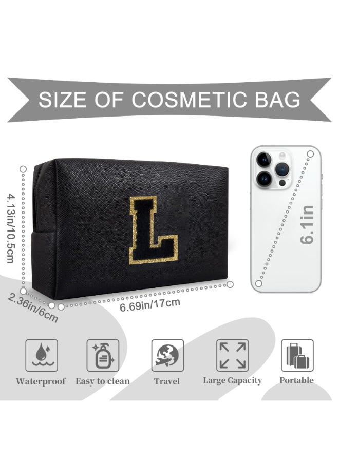 ChaoGreat Personalized Initial AZ Preppy Patch Makeup BagSmall PU Chenille Letter Cosmetic Bag with Zipper for Teen GirlsBlack Cute Toiletry Organizer BagMonogram Makeup Case Gift for Women GirlsLetter L - Image 4