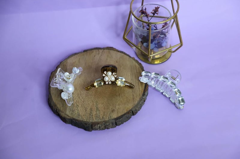JWELLA Set of 3 Elegant Mini Hair Claw Clips for Women – Rhinestone and Pearl Embellished Hair Clips, Perfect for Styling and Special Occasions - Image 2
