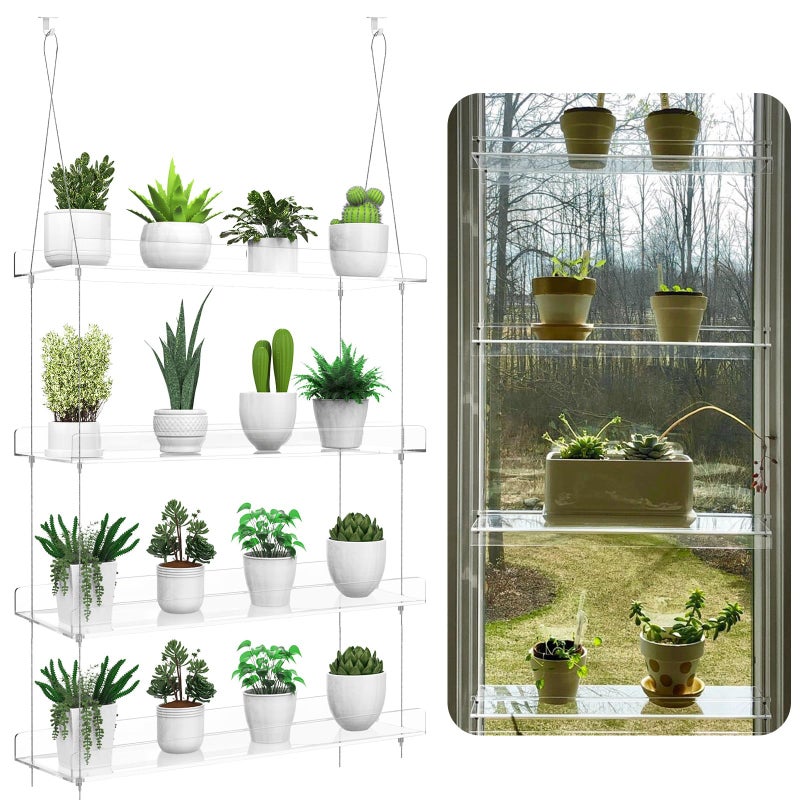 ZerzSemp 4-Tier Hanging Clear Plant Shelves for Windows, Acrylic Window Wall Plant Stand Shelf for Kitchen Indoor Gardens, Flower,Herb, Seedling Organization, and Pots Display, 16 Inch per Tier - Image 1