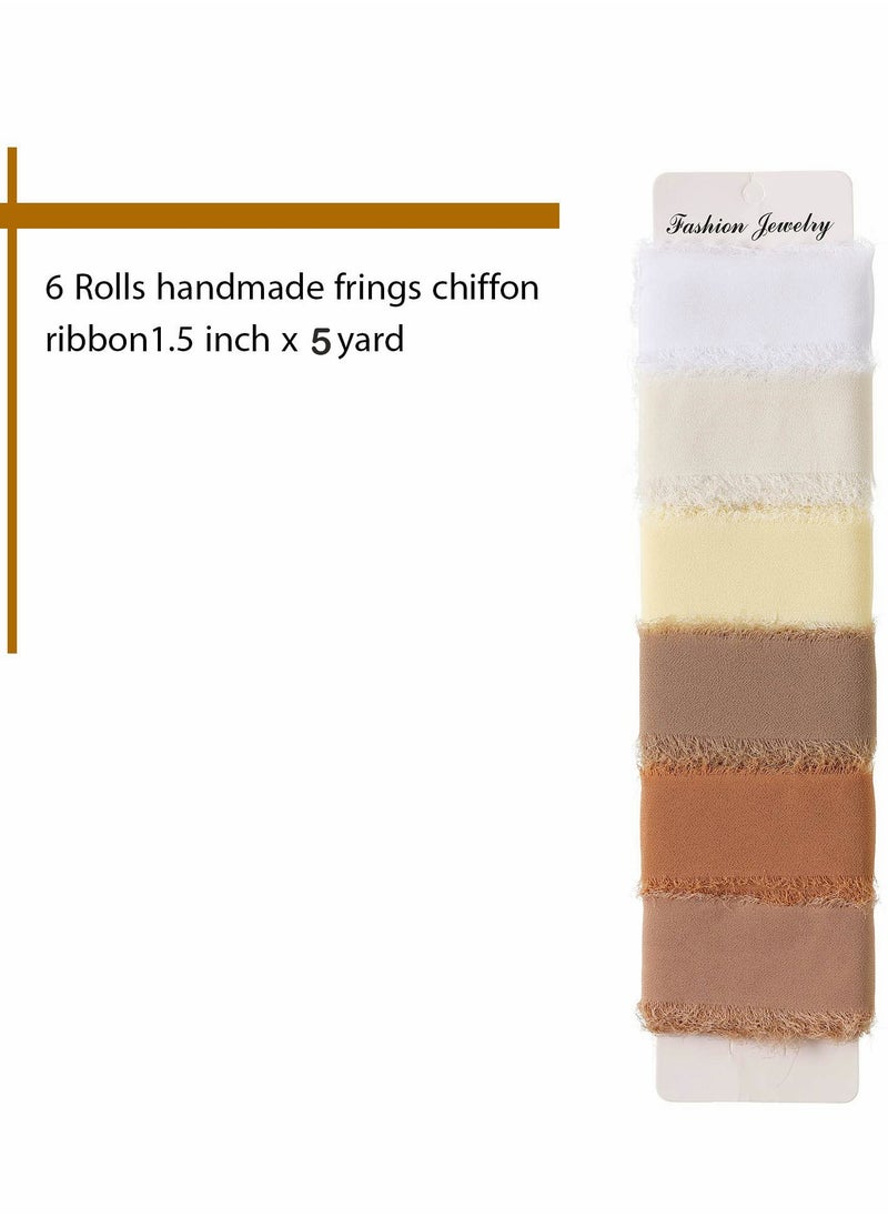 Excefore - Handmade Fringe Chiffon Ribbon, 6 Rolls 3.8cm x 5 Yard(4.5m) Silk-Like Ribbon Colorful Rustic Set for Wedding Invitations, Bridal Bouquets, Gifts Wrapping, DIY Crafts(Nude Set) - Image 1