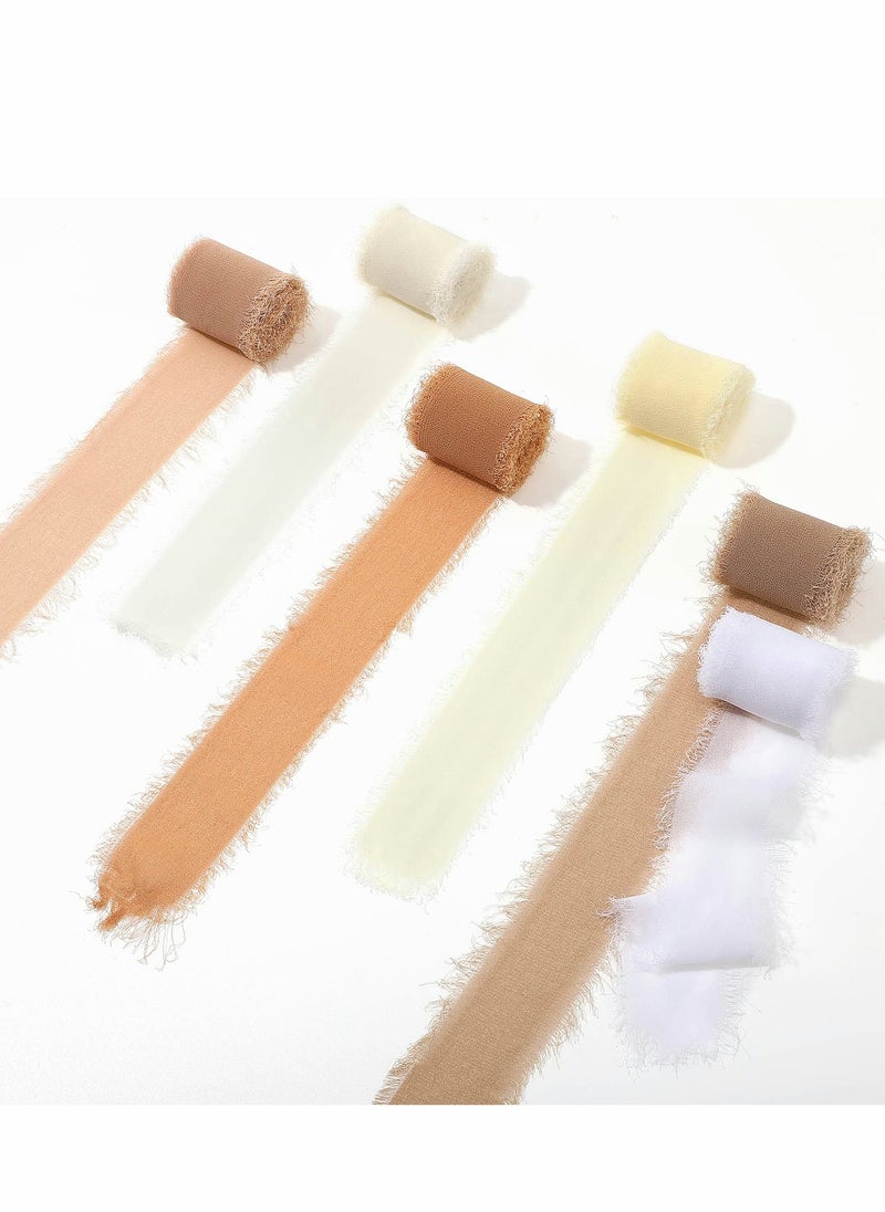 Excefore - Handmade Fringe Chiffon Ribbon, 6 Rolls 3.8cm x 5 Yard(4.5m) Silk-Like Ribbon Colorful Rustic Set for Wedding Invitations, Bridal Bouquets, Gifts Wrapping, DIY Crafts(Nude Set) - Image 1