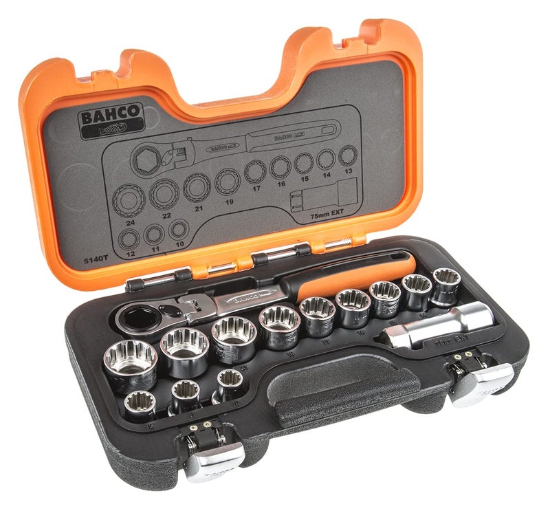 Bahco Bahco S140T BHS140T Pass-Trough Socket Set, Multi-Colour, Set of 14 Pieces 