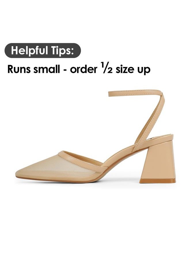 QIY Closed Toe Heels for Women Ankle Strap Pointed Toe Slingback Chunky Low Heels Womens Pumps Wedding Dress Shoes, Nude Mesh, 9.5 - Image 4