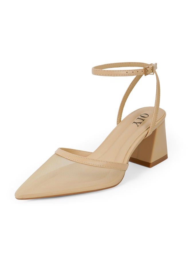 QIY Closed Toe Heels for Women Ankle Strap Pointed Toe Slingback Chunky Low Heels Womens Pumps Wedding Dress Shoes, Nude Mesh, 9.5 - Image 1