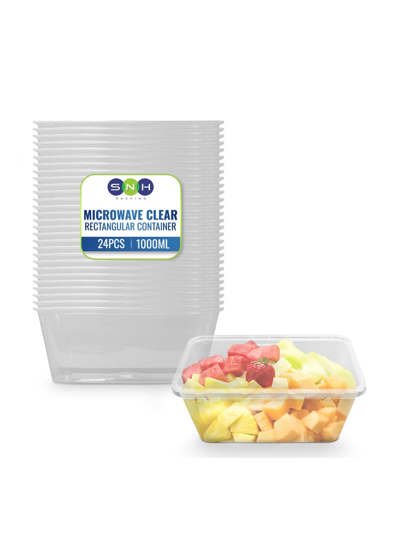 إس إن إتش باكينج SNH تعبئة 24 عبوة حاويات طعام بلاستيكية شفافة مستطيلة بسعة 1000 مل آمنة للاستخدام في الميكروويف مع أغطية، صناديق شفافة لتخزين الطعام وتحضير الوجبات، قابلة لإعادة الاستخدام، مثالية للوجبات الجاهزة وأخذ الطعام. - Image 1