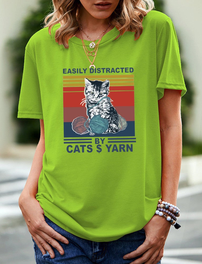 wish independent station EASILY DISTRACTED cat pattern printed short sleeve t-shirt women - Image 4